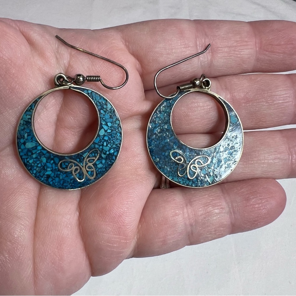 Vintage Alpaca Mexico crushed turquoise and sterling butterfly inlay earrings